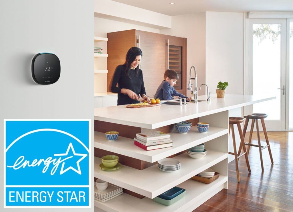 Energy Star-certified home with mother and child in kitchen making food