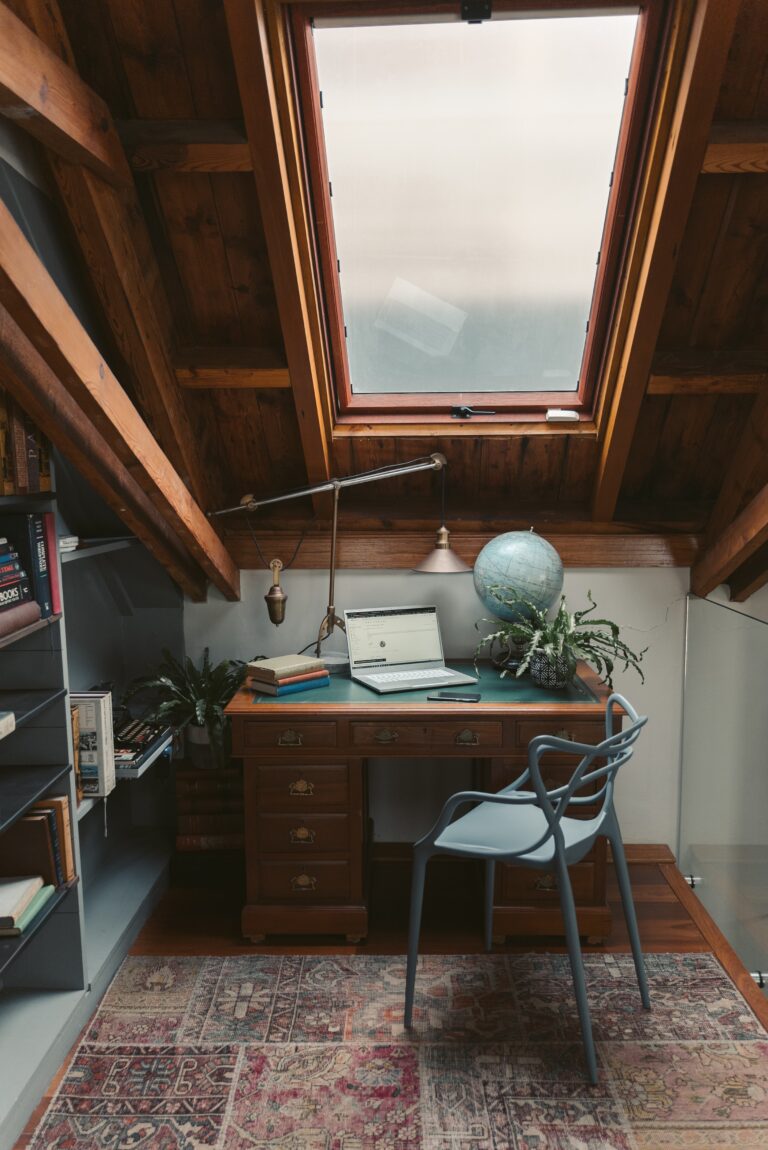 Attic office space facing skylight