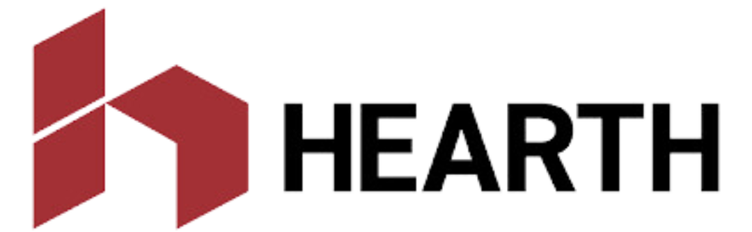 Logo with red geometric 'H' design and the word 'HEARTH' in bold black letters.