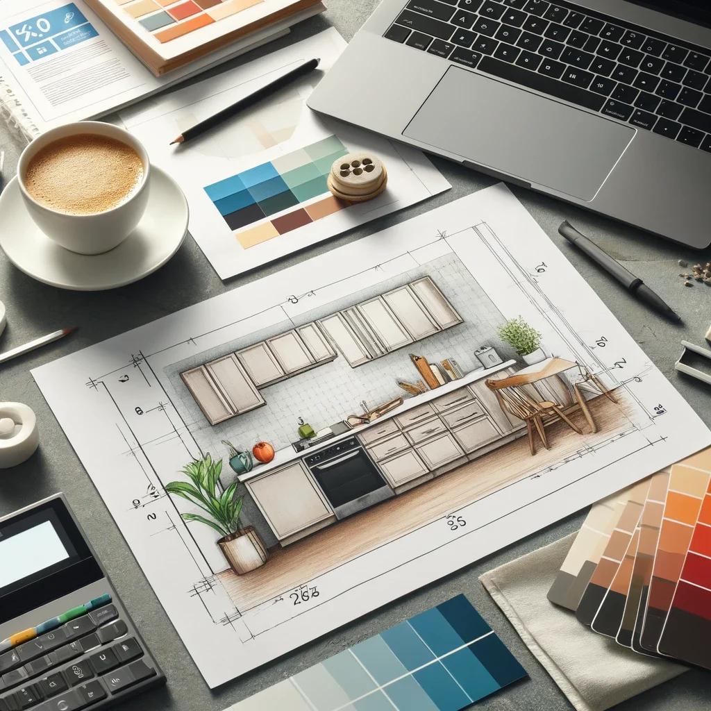 A modern kitchen design plan on a desk featuring a detailed sketch with measurements color swatches and material samples.