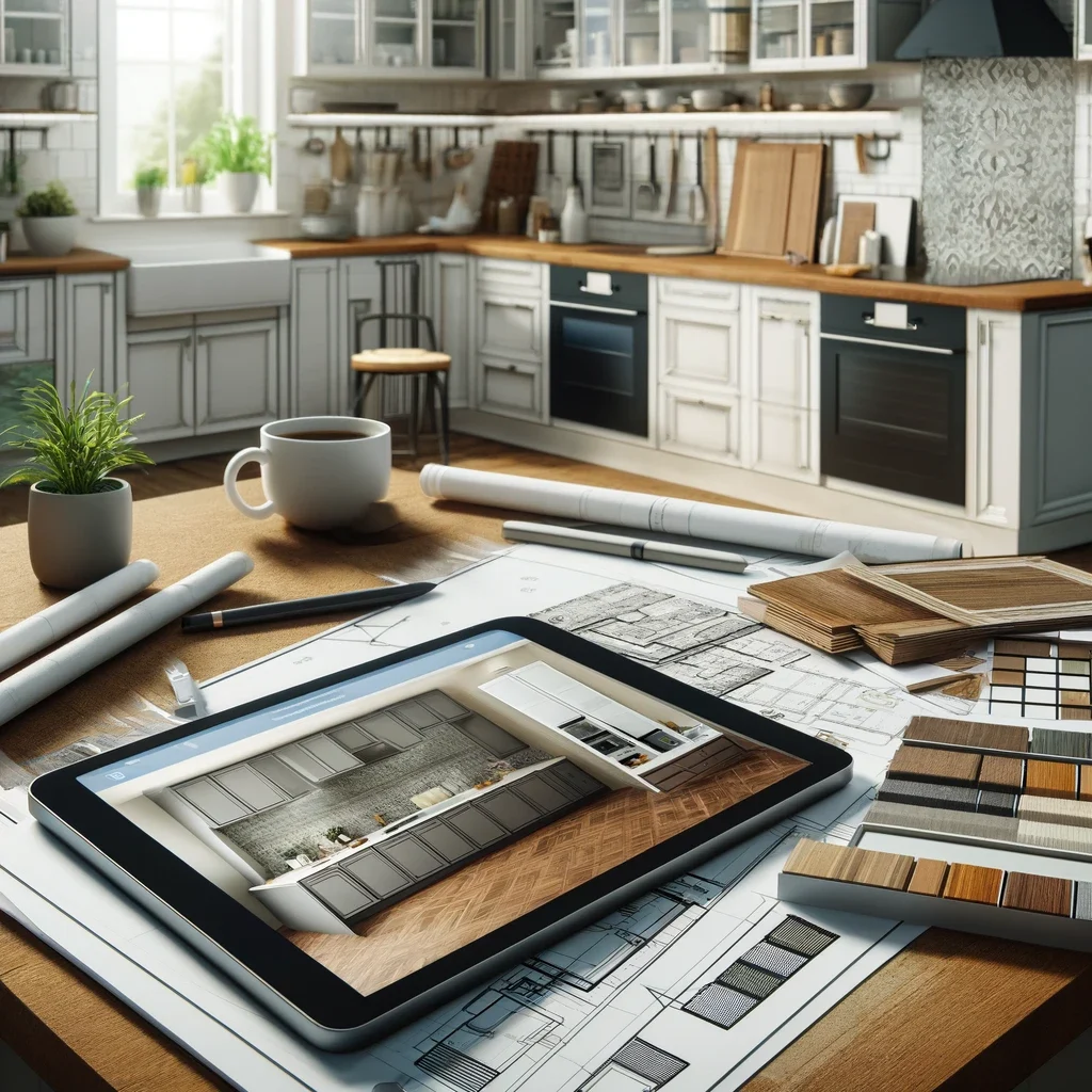 modern kitchen design workspace with detailed blueprints and a variety of material samples like wood and tiles spread out
