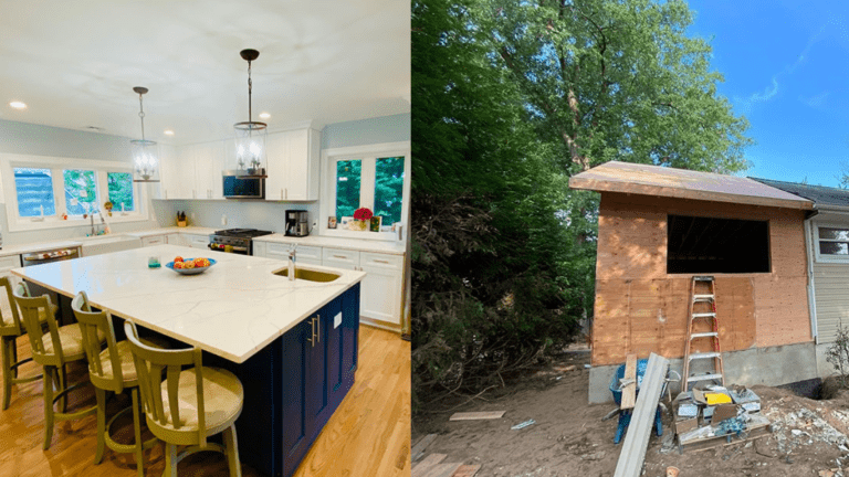 a before-and-after transformation of a home renovation project. On the right, the construction phase shows a home addition in progress, with the structure framed and roof installed, preparing for an expansion to enhance living space. On the left, the completed renovation reveals a stunning modern kitchen remodel, featuring a spacious navy-blue island with a quartz countertop, white shaker cabinetry, and elegant pendant lighting.