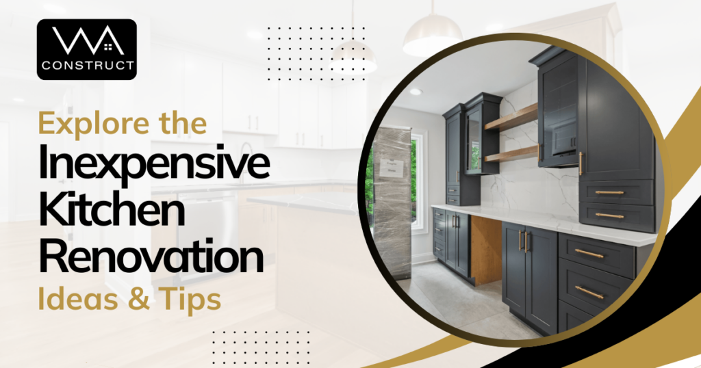 Inexpensive kitchen renovation ideas graphic with dark cabinetry, brass hardware, wood shelving, and marble backsplash.