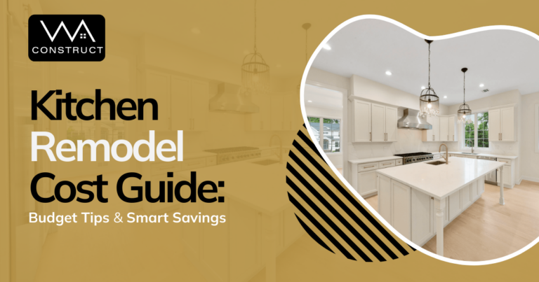 Kitchen remodel cost guide graphic with white kitchen island, pendant lights, and WA Construct branding.