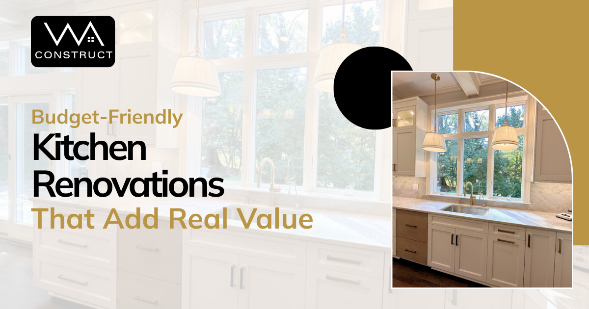 Budget-friendly kitchen renovation graphic showing bright sink area, white cabinetry, gold lighting, and large windows.