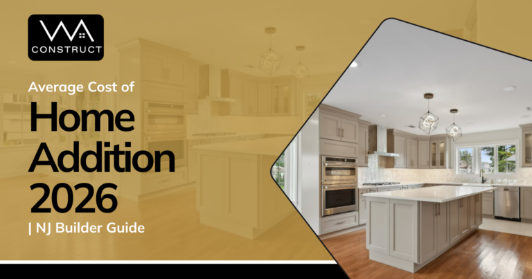 Home addition cost guide graphic with remodeled kitchen, large island, pendant lighting, and WA Construct branding.