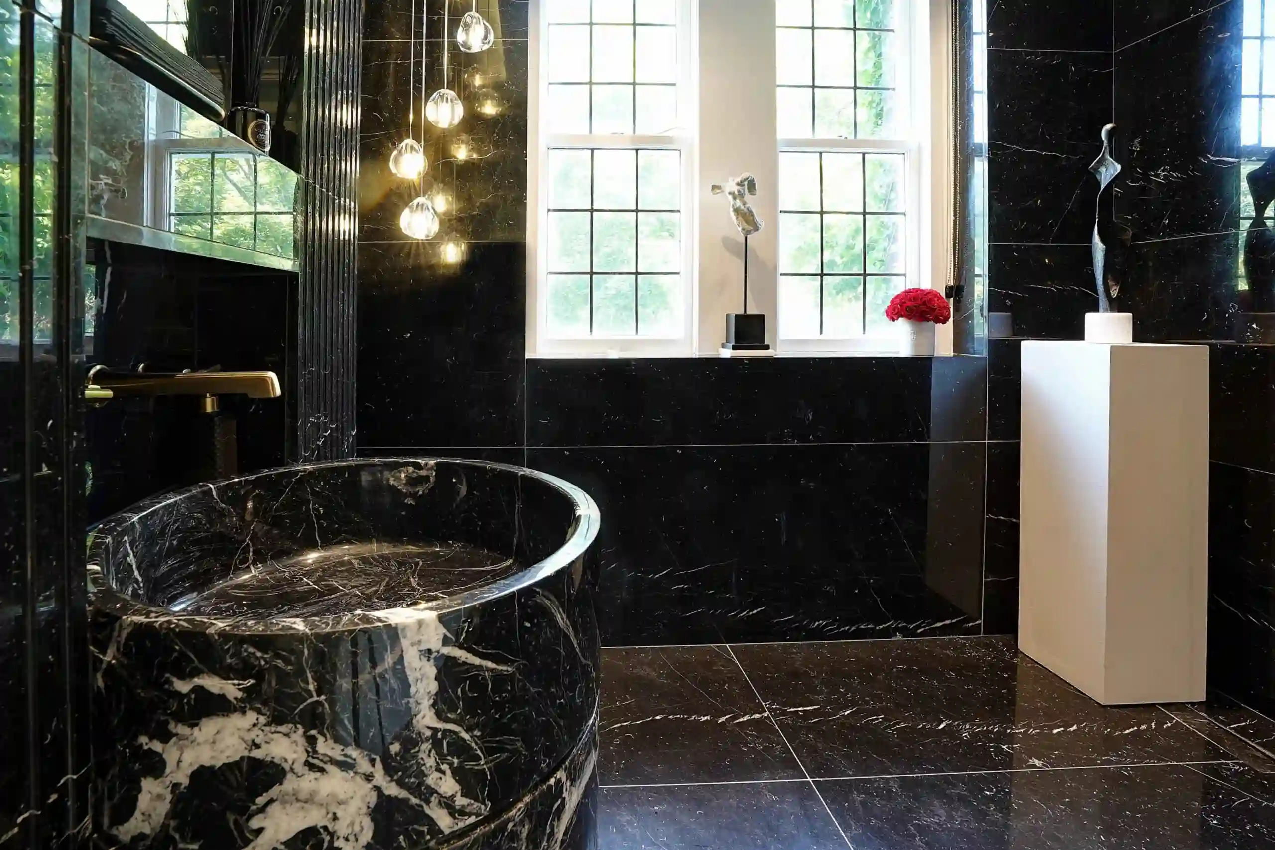Gallery | Black tiled A bathroom featuring elegant