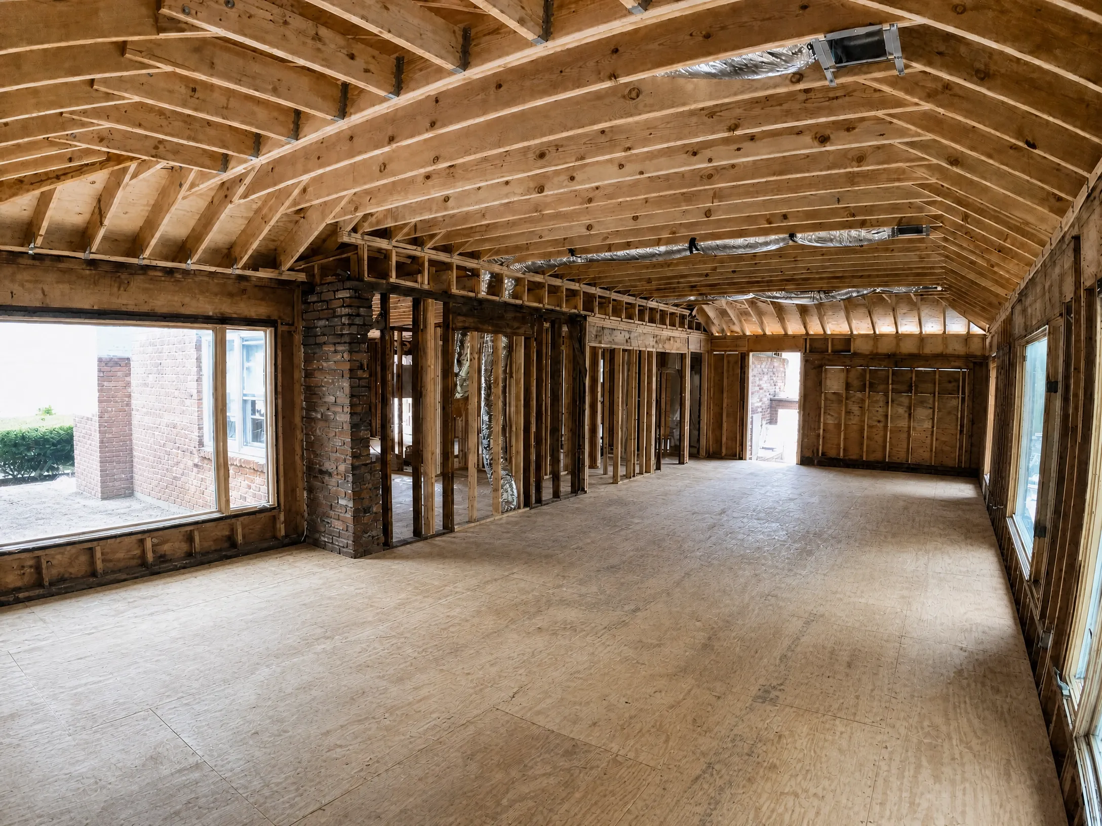 Construction in progress: Lower level framing, wide view
