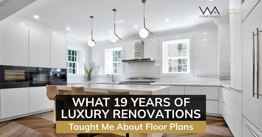 Luxury renovation floor plan graphic showing bright white kitchen, island seating, pendant lights, and modern cabinetry.