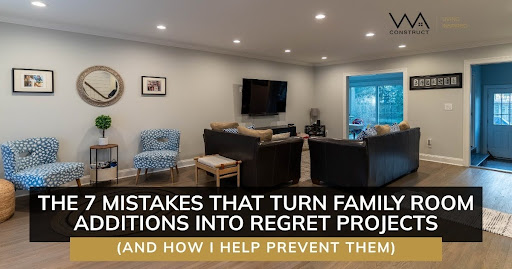 Family room addition mistake guide graphic showing lounge with seating, TV, recessed lighting & blue doors