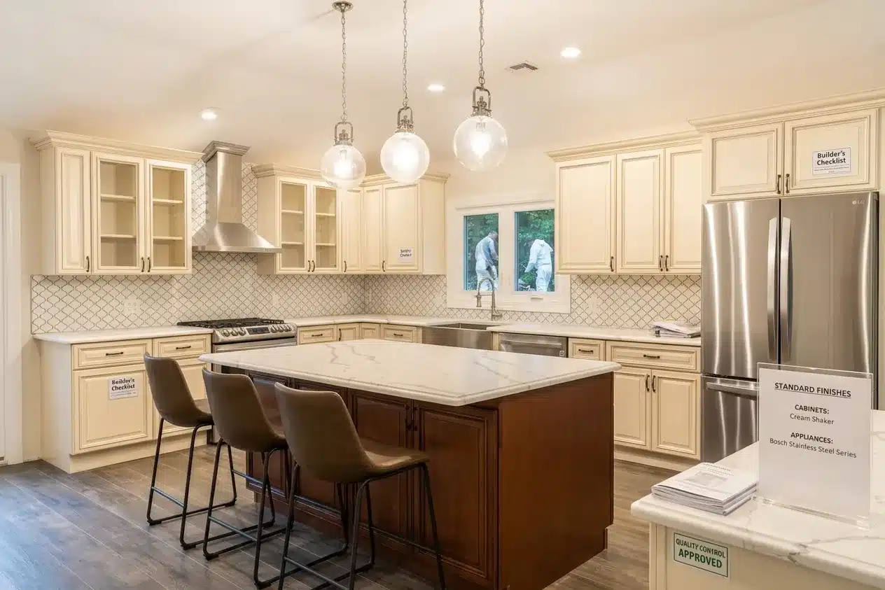 Elegant kitchen with cream cabinets, a marble island, pendant lighting, and stainless steel appliances.
